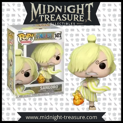 "Funko Pop! One Piece – Sangoro (1473). Sanji en tenue de Wano avec son kimono jaune rayé et son attaque Diable Jambe enflammée. Un must-have pour les fans de One Piece !"

