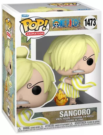 "Funko Pop! One Piece – Sangoro (1473). Sanji en tenue de Wano avec son kimono jaune rayé et son attaque Diable Jambe enflammée. Un must-have pour les fans de One Piece !"

