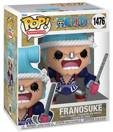 Funko Pop! Franosuke (1476) – One Piece – Wano Arc – Special Edition. Figurine de Franky sous son apparence de samouraï à Wano, avec kimono bleu, katana et coiffure emblématique.