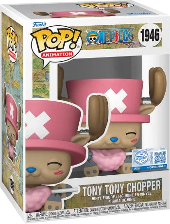 Funko Pop! One Piece – Tony Tony Chopper avec Barbe à Papa (N°1946). Figurine représentant Chopper assis avec son chapeau rose et une barbe à papa. Une version adorable et incontournable pour les fans de One Piece.