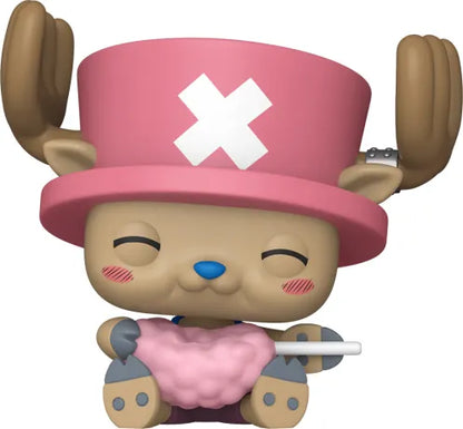 Funko Pop! One Piece – Tony Tony Chopper avec Barbe à Papa (N°1946). Figurine représentant Chopper assis avec son chapeau rose et une barbe à papa. Une version adorable et incontournable pour les fans de One Piece.