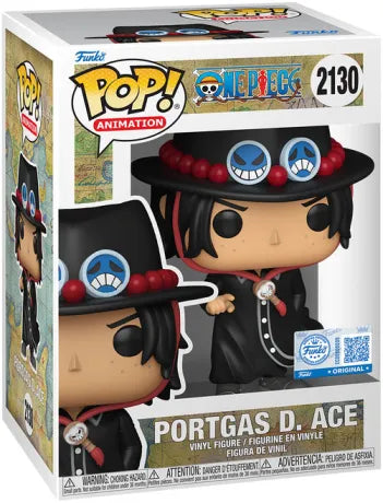 Funko Pop! One Piece – Portgas D. Ace (N°2130). Figurine détaillée d’Ace en tenue noire avec chapeau iconique de l’arc Egghead.