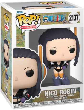Funko Pop! One Piece – Nico Robin Egghead (N°2137). Robin en tenue futuriste noire avec bottes violettes et casque technologique. Figurine détaillée pour les fans de One Piece.