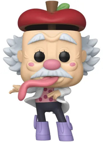 Funko Pop! One Piece – Vegapunk (N°2139, Egghead). Figurine drôle et colorée avec béret pomme rouge, longue langue et tenue rose à pois.