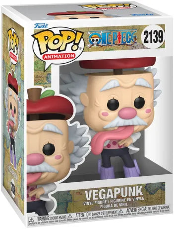 Funko Pop! One Piece – Vegapunk (N°2139, Egghead). Figurine drôle et colorée avec béret pomme rouge, longue langue et tenue rose à pois.
