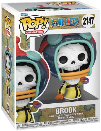 Funko Pop! One Piece – Brook Egghead (N°2147). Brook en tenue futuriste Egghead, casque coloré et donut en main. Figurine dynamique et détaillée parfaite pour les fans de One Piece.