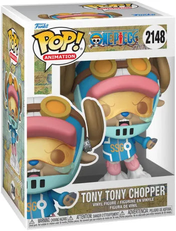 Funko Pop! One Piece – Tony Tony Chopper (N°2148, Egghead). Figurine dynamique avec casque futuriste, fumée et uniforme SSG bleu clair.