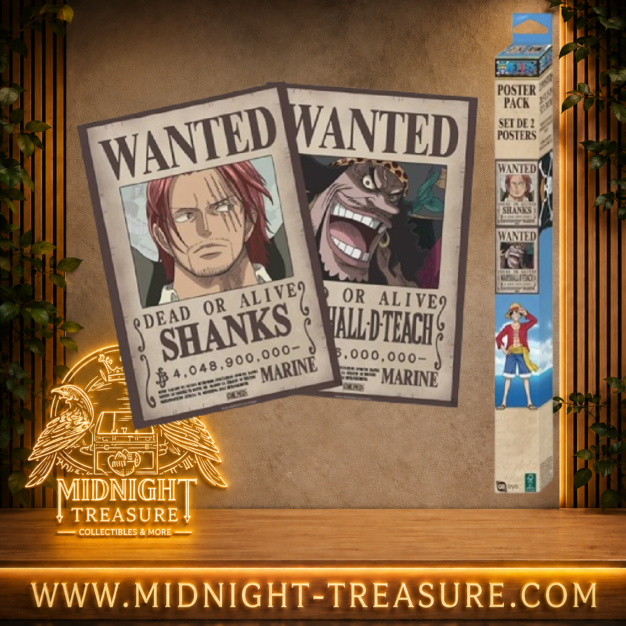 Set de 2 posters One Piece Wanted Shanks et Barbe Noire 52 x 38 cm par GB eye avec avis de recherche et primes de 4 048 900 000 et 3 996 000 000 berrys.
