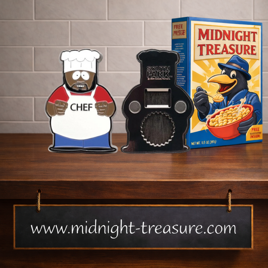 Ouvre-bouteille officiel South Park représentant Chef avec sa tenue de cuisinier, accessoire métallique aimanté à collectionner pour les fans de la série culte.