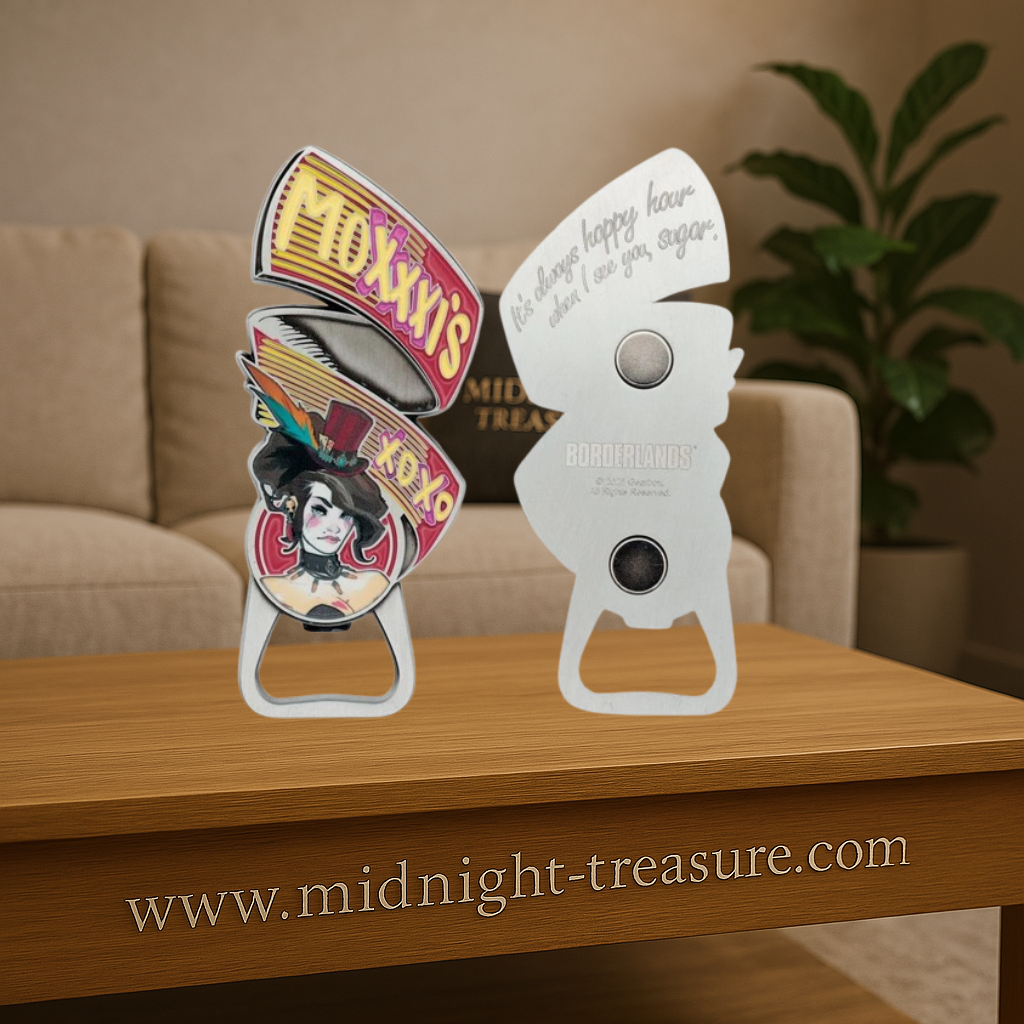 Ouvre-bouteille Mad Moxxi Borderlands édition limitée 100 x 43 mm avec aimants au dos, design métallique détaillé et citation gravée, accessoire officiel sous licence.