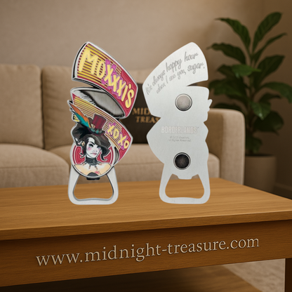 Ouvre-bouteille Mad Moxxi Borderlands édition limitée 100 x 43 mm avec aimants au dos, design métallique détaillé et citation gravée, accessoire officiel sous licence.