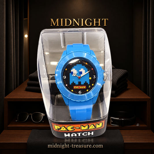 Montre analogique Pac-Man bleue avec fantôme pixelisé sur cadran noir et bracelet bleu