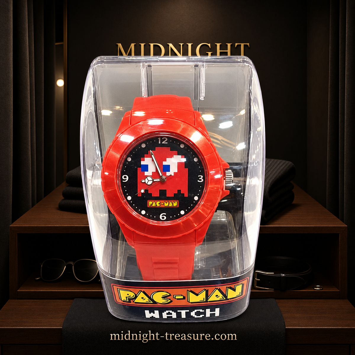 Montre analogique Pac-Man rouge avec fantôme pixelisé sur cadran noir et bracelet rouge