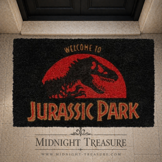 Paillasson Jurassic Park Welcome avec logo T-Rex en fibre de coco 62x42 cm avec base antidérapante.