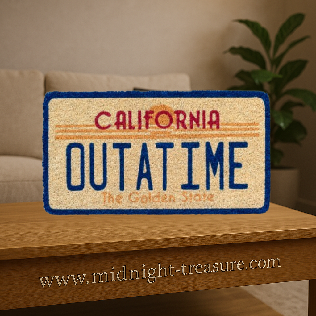Paillasson Retour vers le Futur – OUTATIME, dimensions 60 x 30 cm, en fibres de coco avec base PVC antidérapante. Inspiré de la plaque culte de la DeLorean.