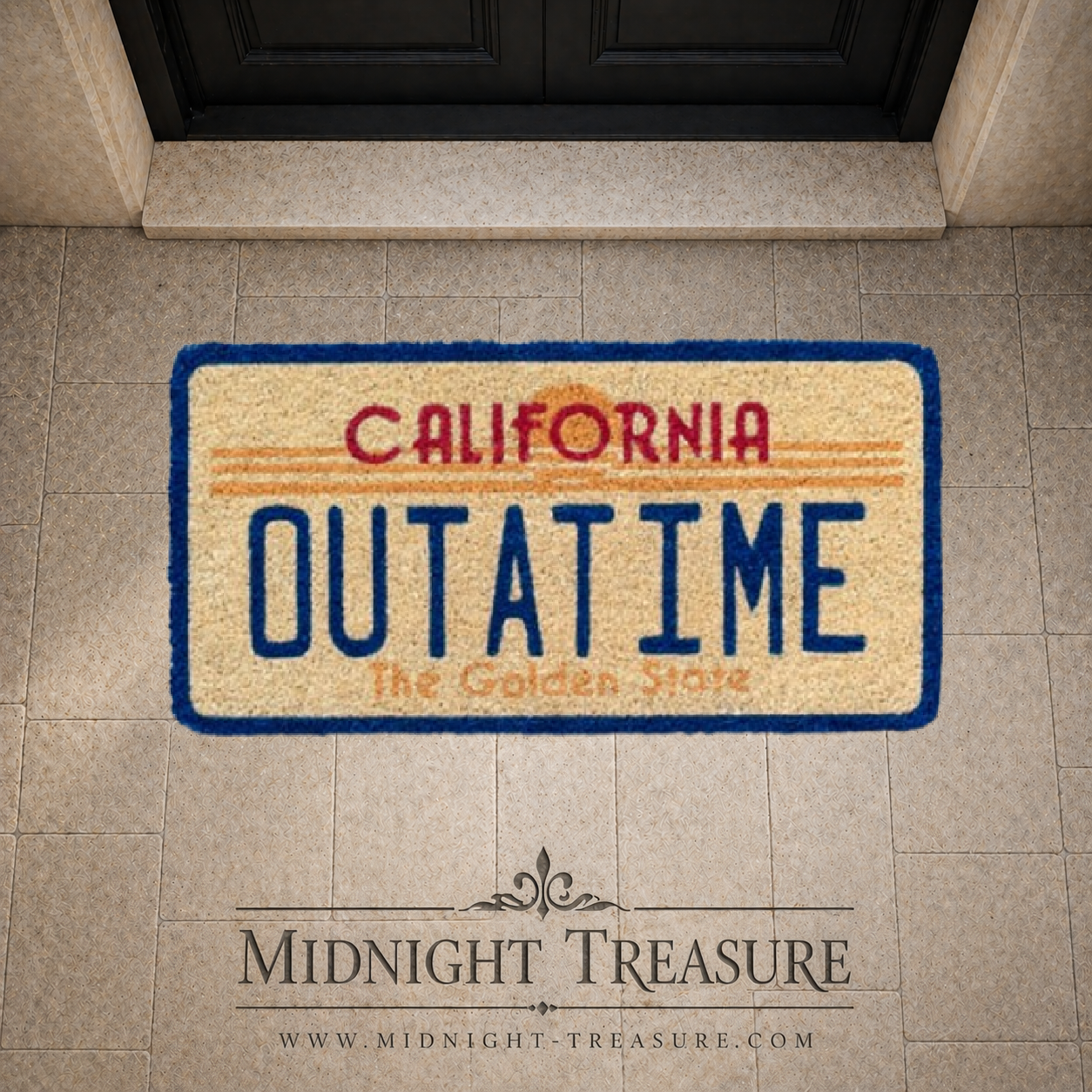 Paillasson Retour vers le Futur – OUTATIME, dimensions 60 x 30 cm, en fibres de coco avec base PVC antidérapante. Inspiré de la plaque culte de la DeLorean.