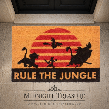Paillasson Disney Le Roi Lion Rule the Jungle avec silhouettes de Simba et coucher de soleil, fibre de coco antidérapante.