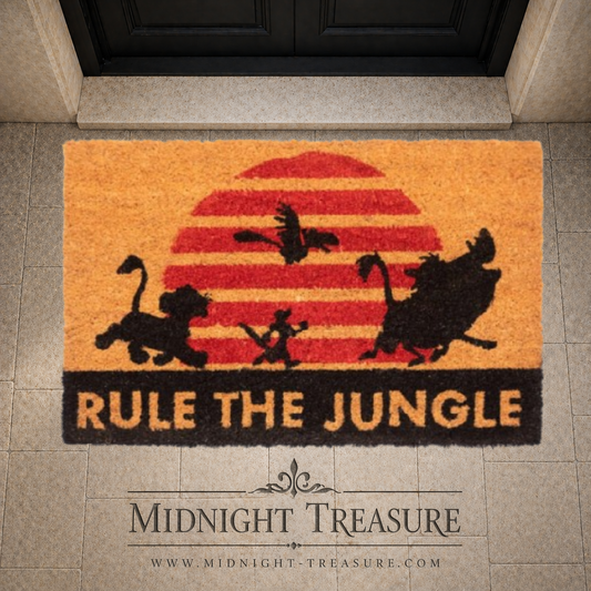 Paillasson Disney Le Roi Lion Rule the Jungle avec silhouettes de Simba et coucher de soleil, fibre de coco antidérapante.