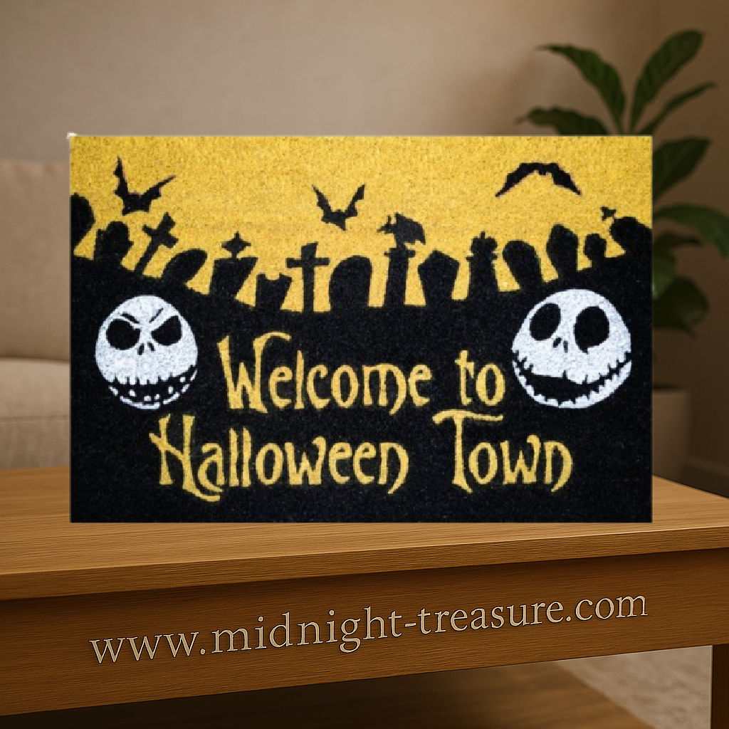 Paillasson L’Étrange Noël de Monsieur Jack – Welcome to Halloween Town. Design avec Jack Skellington et cimetière stylisé, fabriqué en fibre de coco avec base antidérapante.
