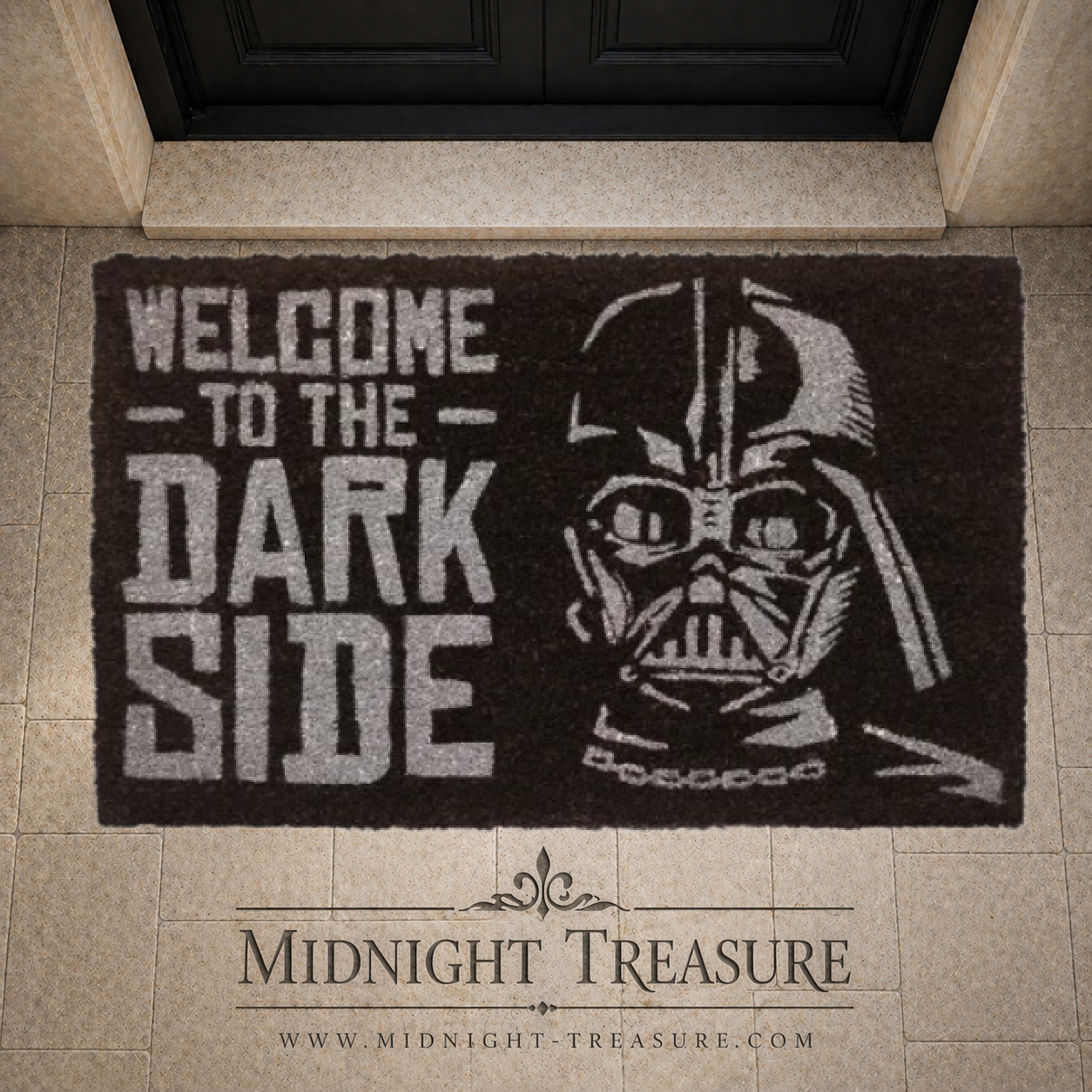 Paillasson Star Wars Welcome To The Dark Side avec illustration de Dark Vador. Paillasson en fibre de coco naturelle avec base antidérapante en PVC, dimensions 43 x 63 cm, idéal pour les fans de Star Wars et de l'Empire Galactique.
