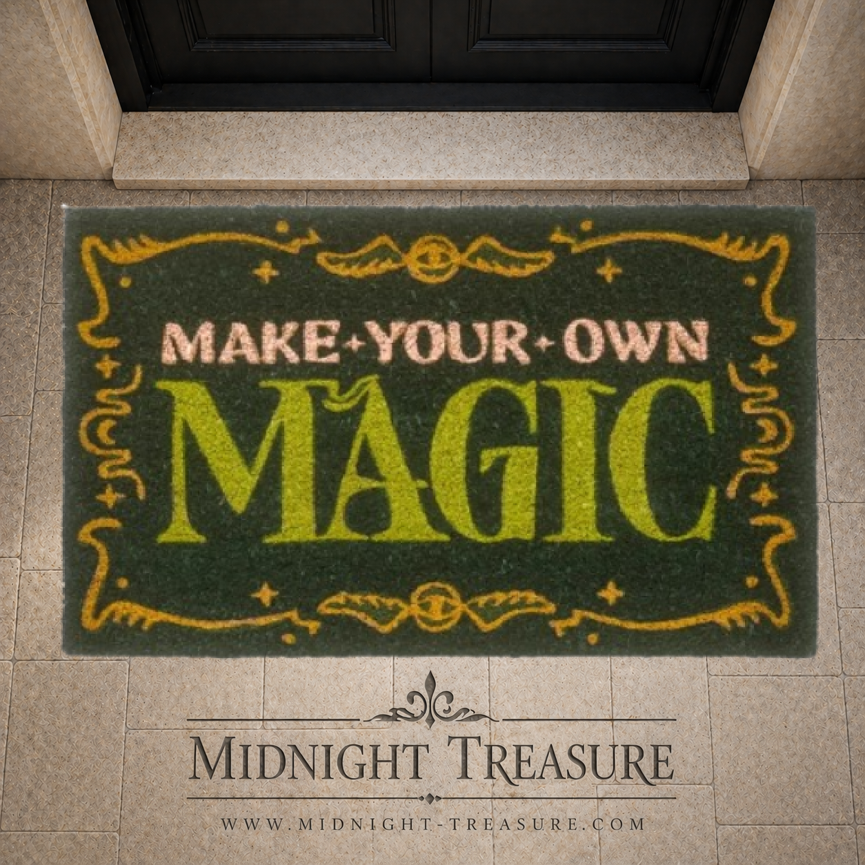 Paillasson Wicked Make Your Own Magic en fibre de coco avec base antidérapante PVC, produit officiel au design magique vert et doré.