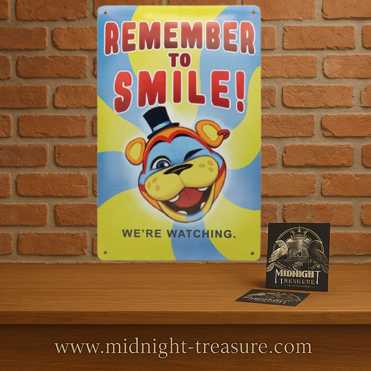 🎪👀 Five Nights at Freddy’s – Panneau Métal Fazbear “Remember to Smile” – 30 x 20 cm 👀🎪
