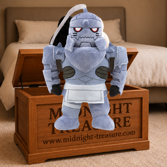 Peluche officielle Alphonse Elric de Fullmetal Alchemist mesurant 27 cm. Reproduction fidèle de l'armure légendaire du personnage en polyester doux avec finitions détaillées. Un incontournable pour les collectionneurs et fans du célèbre manga.
