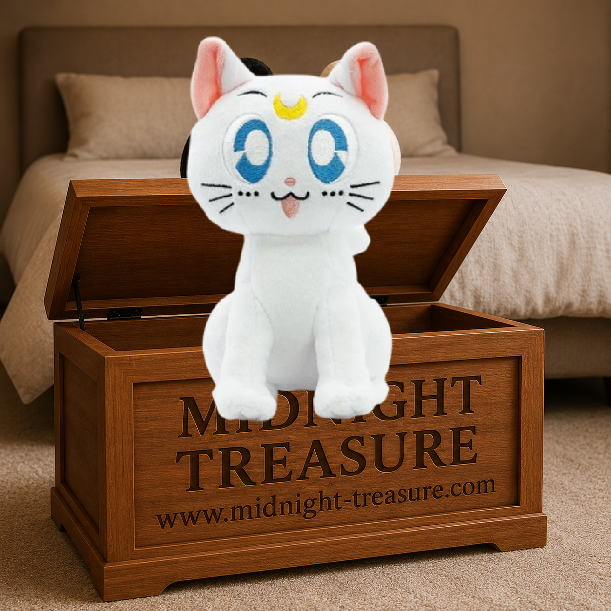 Peluche Artemis Sailor Moon 15 cm ABYstyle en velboa blanc avec grands yeux bleus brodés et croissant de lune jaune sur le front.