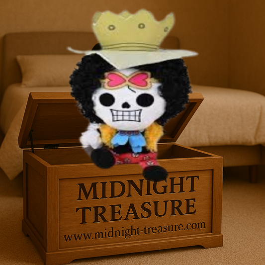 Peluche One Piece – Brook – 25 cm. Peluche fidèle du célèbre musicien squelettique avec couronne, lunettes roses et tenue colorée. Parfaite pour les fans de One Piece."