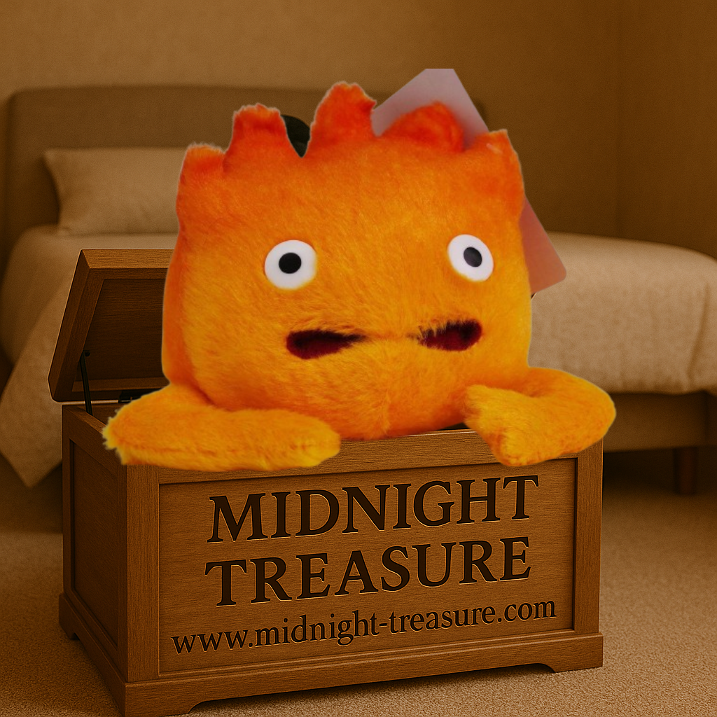 Peluche Calcifer 14 cm du film Le Château Ambulant par Studio Ghibli, représentant le célèbre démon du feu orange avec un design fidèle et une texture ultra douce.