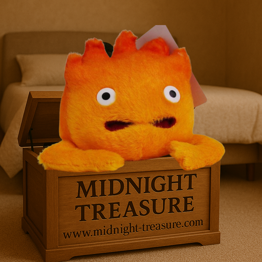 Peluche Calcifer 14 cm du film Le Château Ambulant par Studio Ghibli, représentant le célèbre démon du feu orange avec un design fidèle et une texture ultra douce.