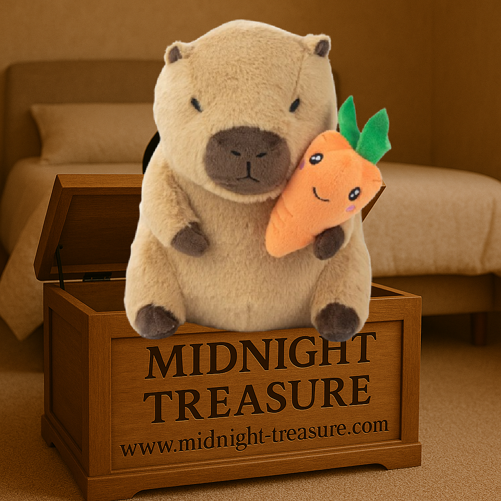 Peluche Capybara marron de 24 cm tenant une carotte souriante. Peluche douce en polyester avec finitions brodées, idéale pour les fans d'animaux kawaii et de décoration cocooning.