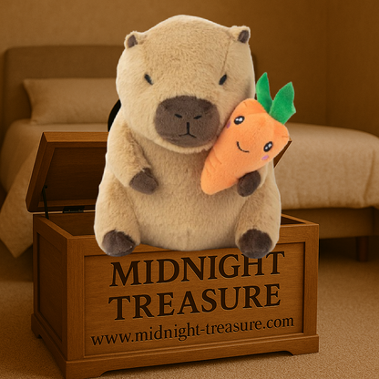 Peluche Capybara marron de 24 cm tenant une carotte souriante. Peluche douce en polyester avec finitions brodées, idéale pour les fans d'animaux kawaii et de décoration cocooning.