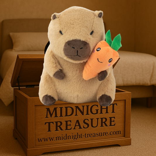 Peluche Capybara marron de 24 cm tenant une carotte souriante. Peluche douce en polyester avec finitions brodées, idéale pour les fans d'animaux kawaii et de décoration cocooning.