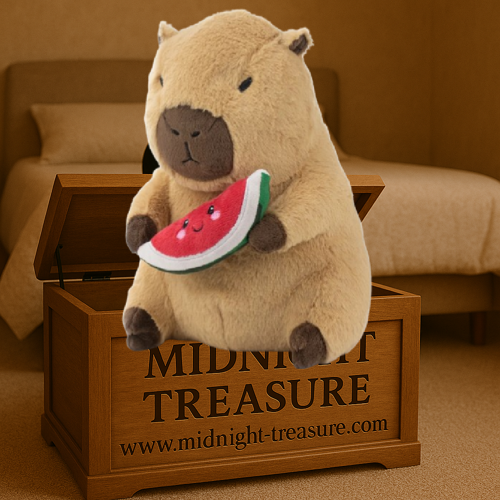 Peluche Capybara marron de 24 cm tenant une tranche de pastèque. Peluche douce en polyester avec finitions brodées, parfaite pour les collectionneurs et les amateurs d'animaux kawaii.