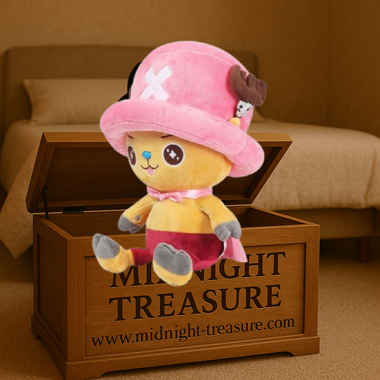 Peluche Chopperman One Piece 25 cm avec cape rose et chapeau iconique, modèle doux sous licence officielle.