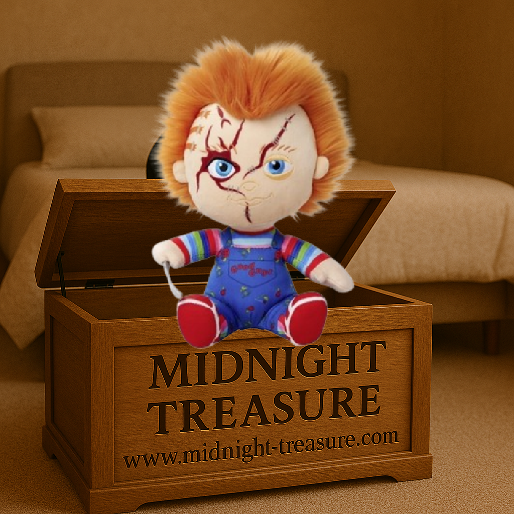 Peluche Chucky Child’s Play 25 cm avec cicatrices, salopette iconique et pull rayé multicolore, produit officiel inspiré du film d’horreur culte.