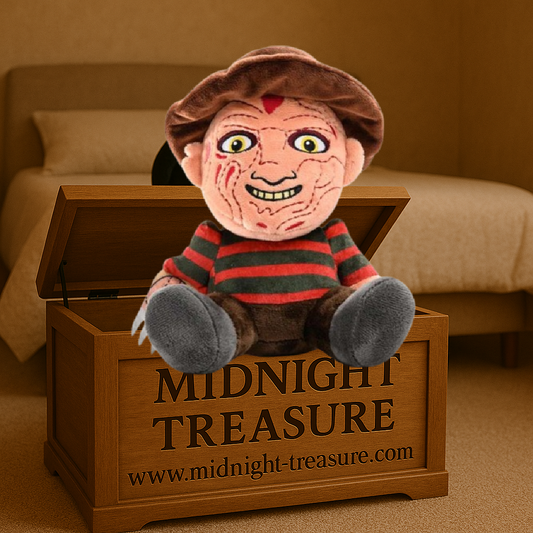 Peluche Freddy Krueger Phunny 20 cm inspirée du film Les Griffes de la Nuit avec son pull rayé rouge et vert et son chapeau iconique.