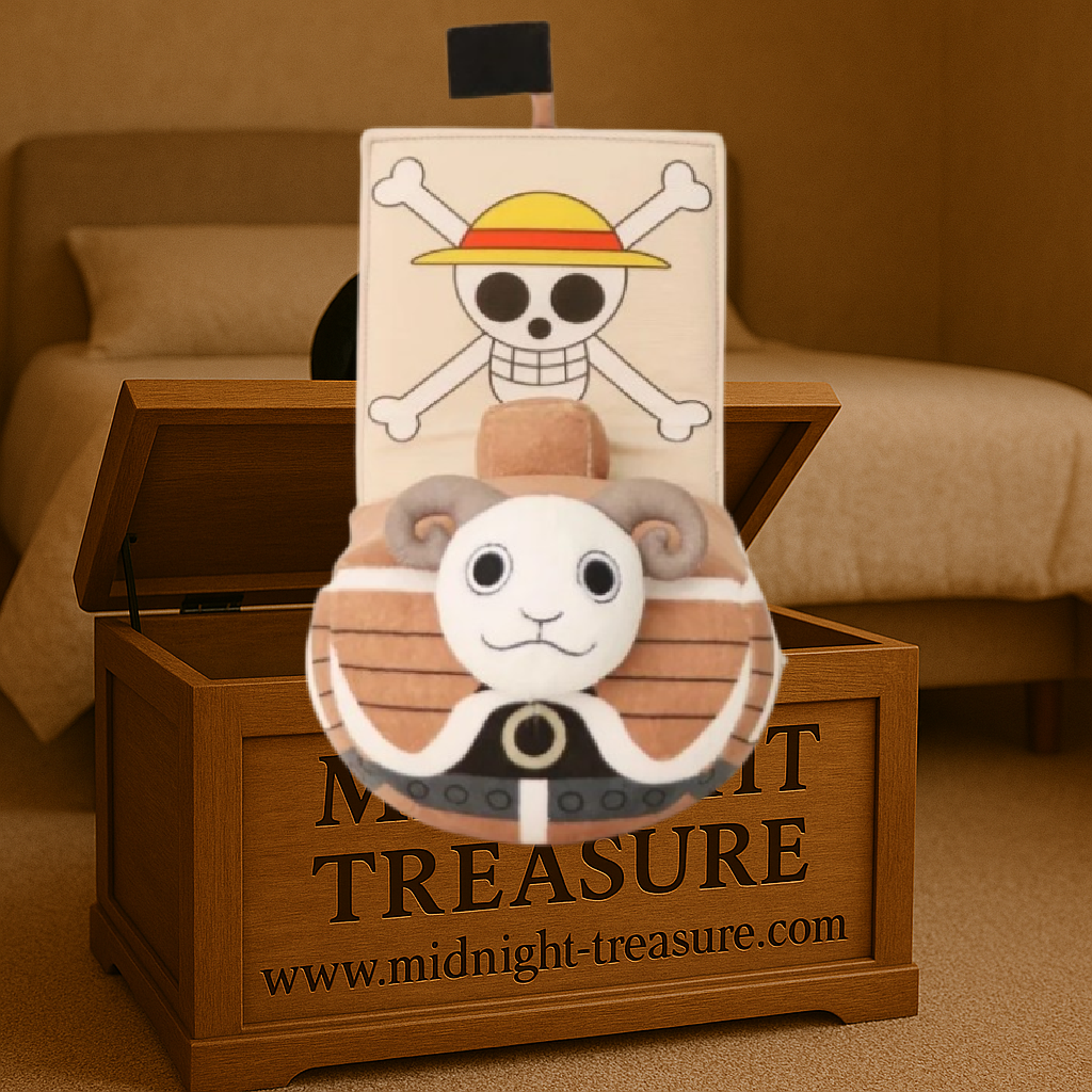 Peluche officielle Going Merry One Piece de 28 cm représentant le célèbre navire de Luffy avec sa figure de proue en mouton et le drapeau de l'Équipage du Chapeau de Paille. Idéale pour les collectionneurs et les fans de One Piece.