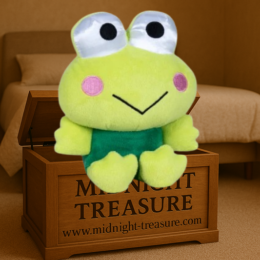 Peluche Keroppi Hello Kitty Sanrio 30 cm verte avec grand sourire et yeux expressifs style kawaii.