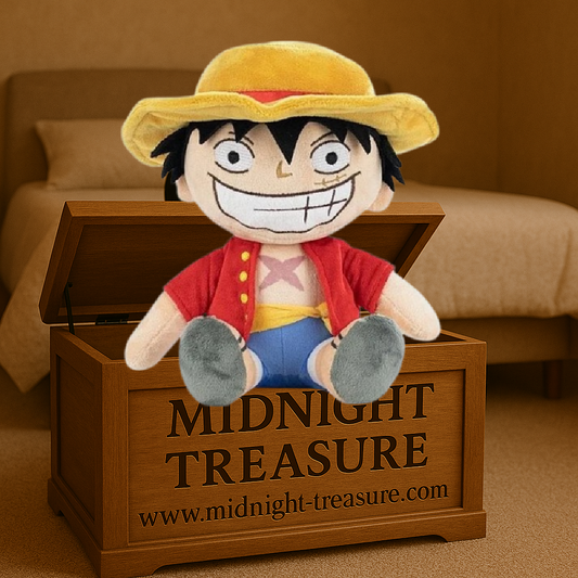 Peluche Monkey D Luffy One Piece sitting 22 cm avec chapeau de paille et tenue rouge iconique.