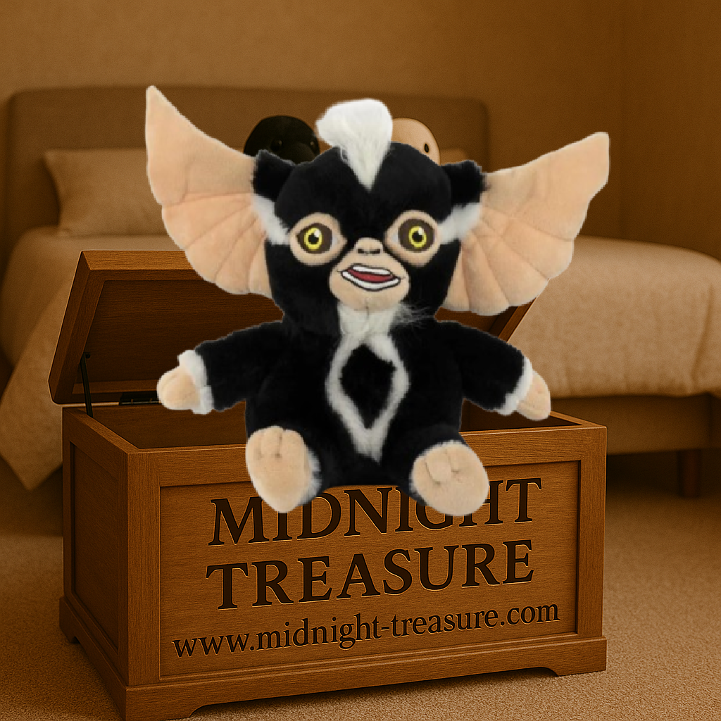 Peluche Mohawk Gremlins en position assise de 24 cm, avec mèche blanche et grandes oreilles, produit officiel sous licence.