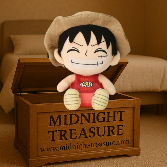Peluche Monkey D Luffy One Piece 25 cm avec chapeau de paille et tenue rouge, version fidèle du célèbre pirate de l’anime.