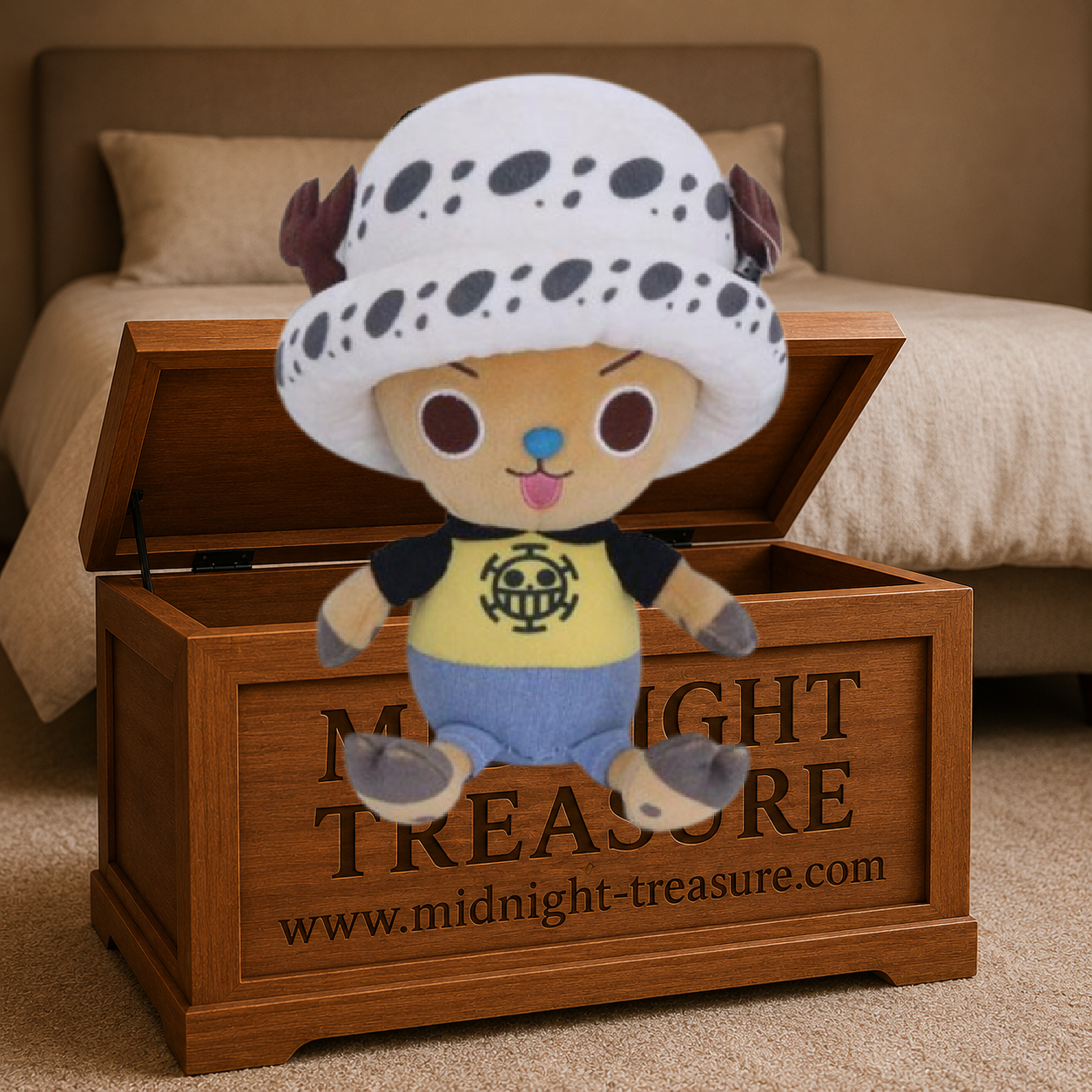 Peluche One Piece Tony Tony Chopper x Trafalgar Law 20 cm avec chapeau blanc tacheté et tenue jaune aux couleurs des Heart Pirates.