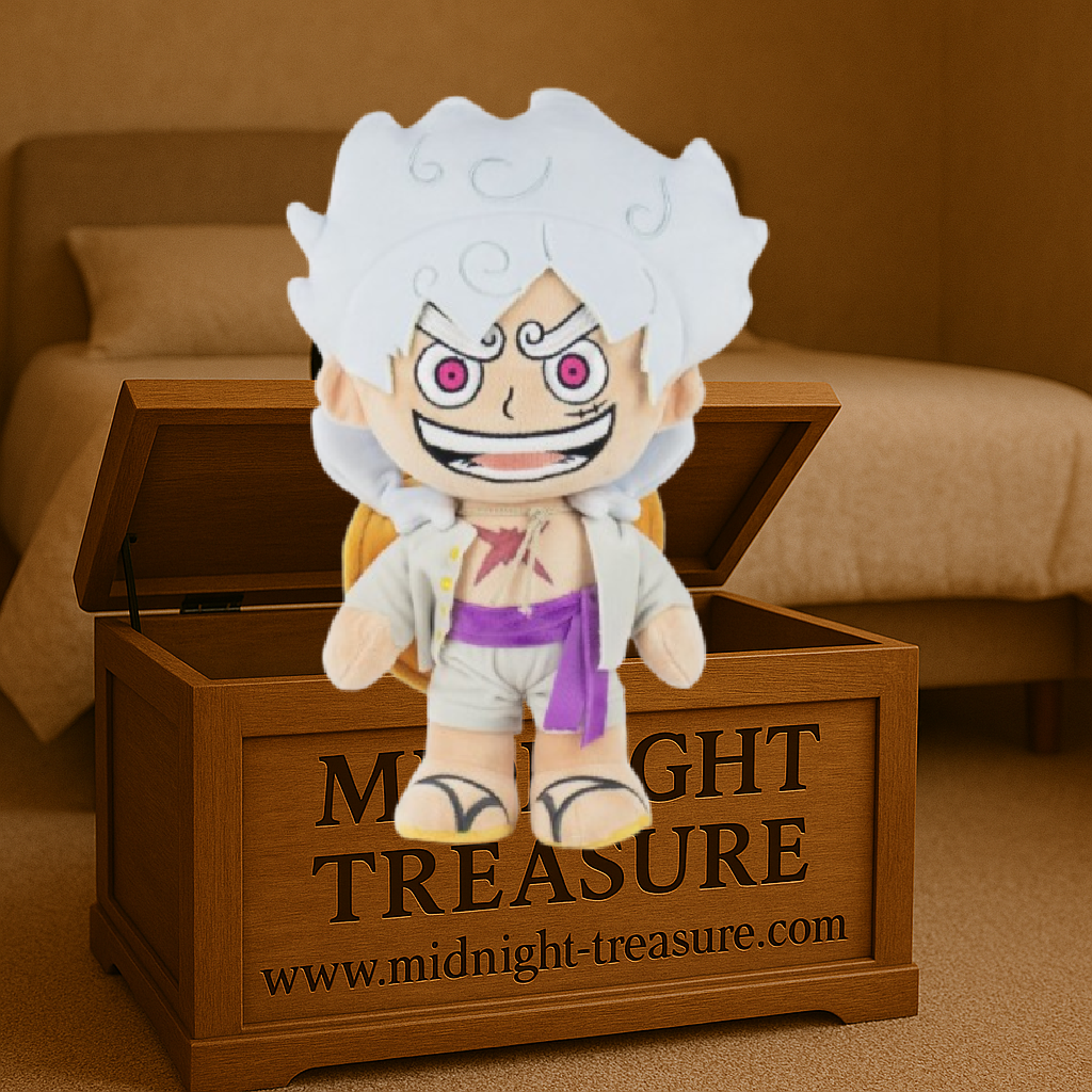 Peluche One Piece – Monkey D. Luffy Gear 5 – Édition spéciale limitée – 34 cm. Design fidèle à l’anime avec finitions soignées. Produit officiel Barrado.