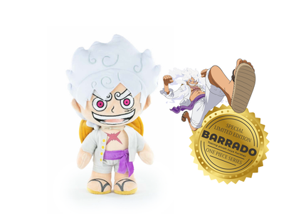 Peluche One Piece – Monkey D. Luffy Gear 5 – Édition spéciale limitée – 34 cm. Design fidèle à l’anime avec finitions soignées. Produit officiel Barrado.
