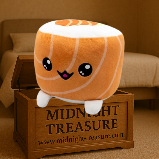 Peluche Plushi – Uramaki Saumon – 20 cm – Kawaii. Une peluche douce et moelleuse en forme de sushi avec un visage souriant, parfaite pour les fans de kawaii et de culture japonaise