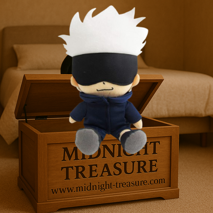 Peluche Satoru Gojo Jujutsu Kaisen 23 cm avec bandeau noir et cheveux blancs, design fidèle du personnage emblématique de l’anime.