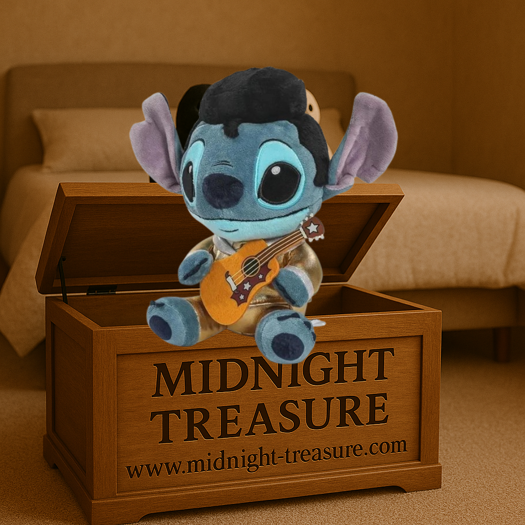 Peluche Stitch Elvis Gold Kidrobot 25 cm avec costume doré métallisé et guitare, édition premium officielle Disney inspirée de Lilo & Stitch.