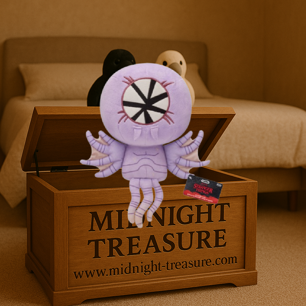 Peluche Stranger Things S4 – Demo-Bat – Funko Plush – 18 cm – Officielle. Demo-Bat violette avec grand œil circulaire et ailes détaillées. Une peluche Funko mignonne et terrifiante pour les fans de Stranger Things.